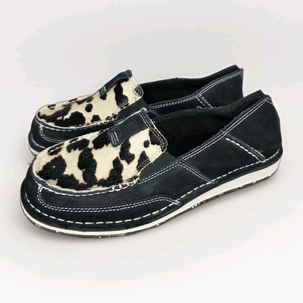 ARIAT Cruiser Cow Print Hair On Hide Women's Black Moccasin Suede SZ 8 B